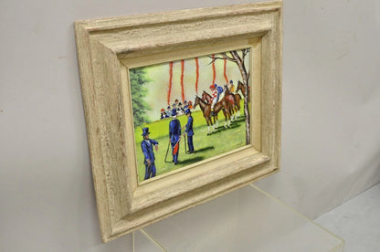Dom Dominic Mingolla Enamel on Copper Framed Painting Horse Jockey Race Derby