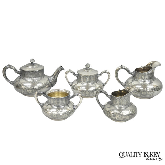 Antique James W Tufts 1948 Silver Plated Art Nouveau Tea Set - 5 Pc Set