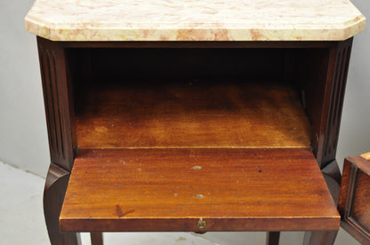 Vintage French Louis XV Style Pink Marble Top Mahogany Nighstand Table - a Pair