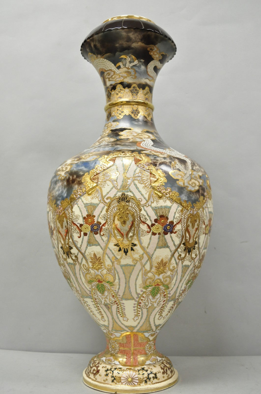 Vintage 30" Japanese Royal Satsuma Hand Painted Porcelain Oriental Dragon Vase
