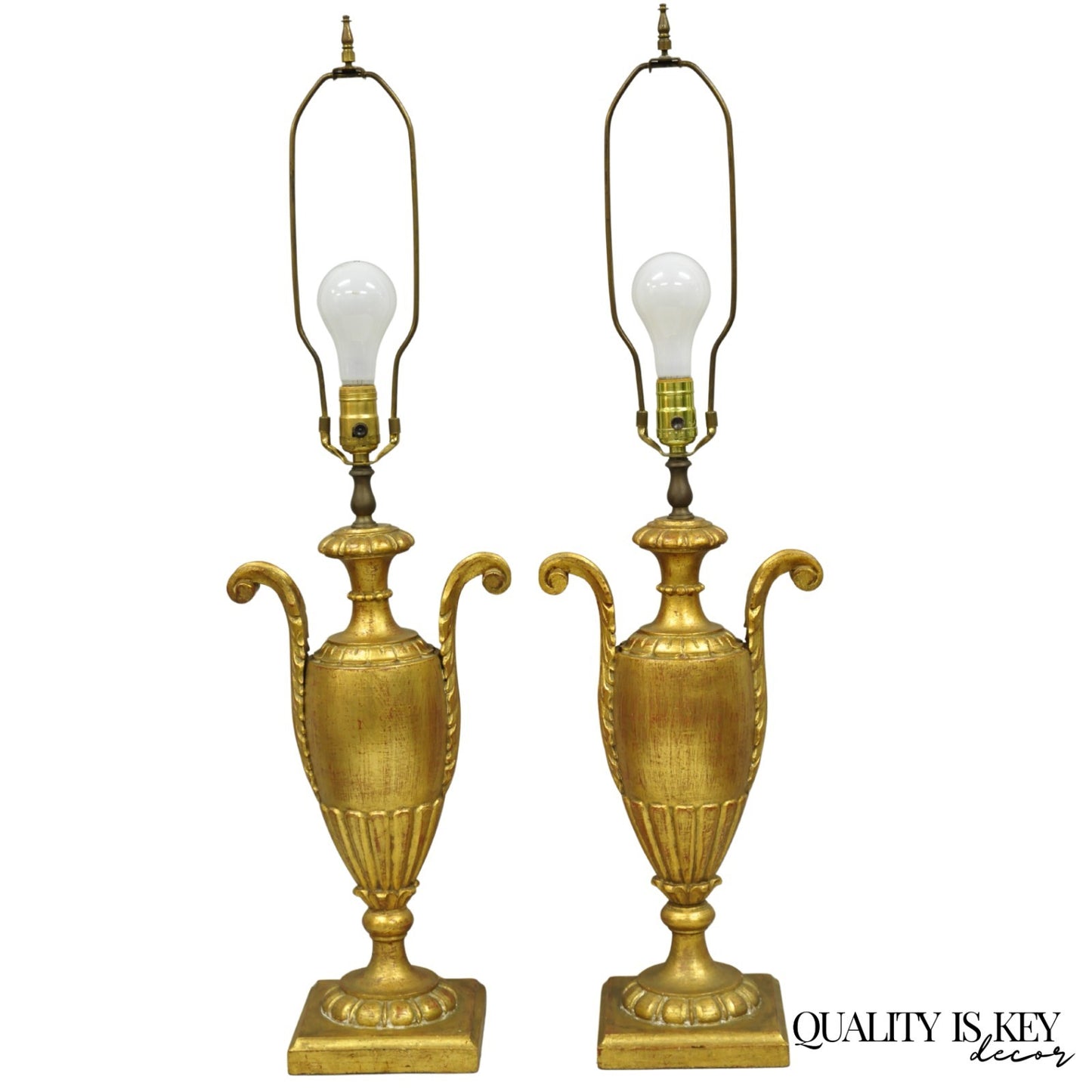 Vintage Italian Hollywood Regency Gold Giltwood Urn Form Table Lamps - a Pair