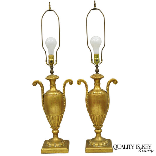Vintage Italian Hollywood Regency Gold Giltwood Urn Form Table Lamps - a Pair