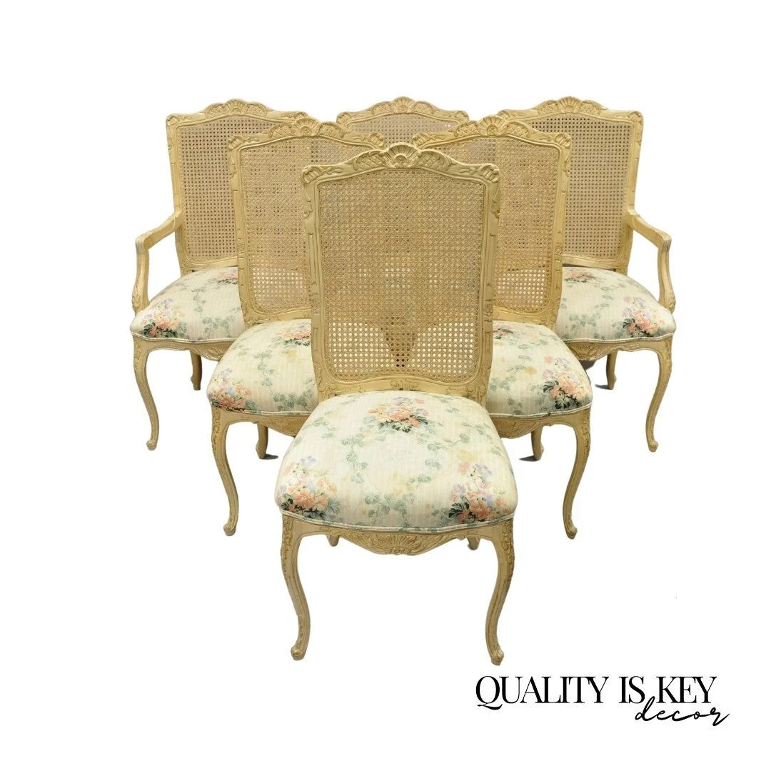 Vintage French Country Louis XV Style Cane Back Painted Dining Chairs - Set of 6