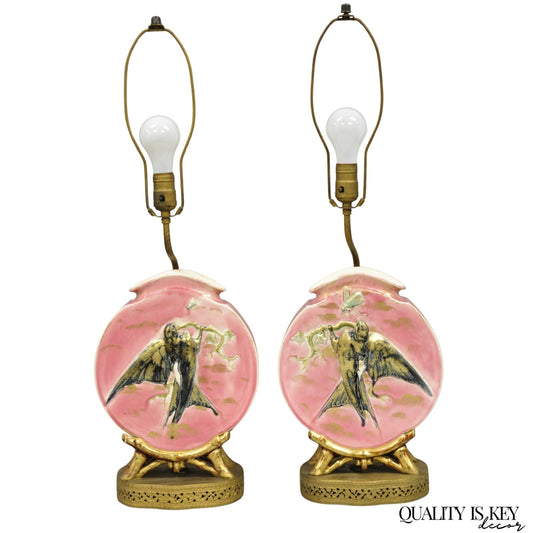 Antique Chinoiserie Pink Porcelain Round Vase Table Lamps w/ Birds - a Pair