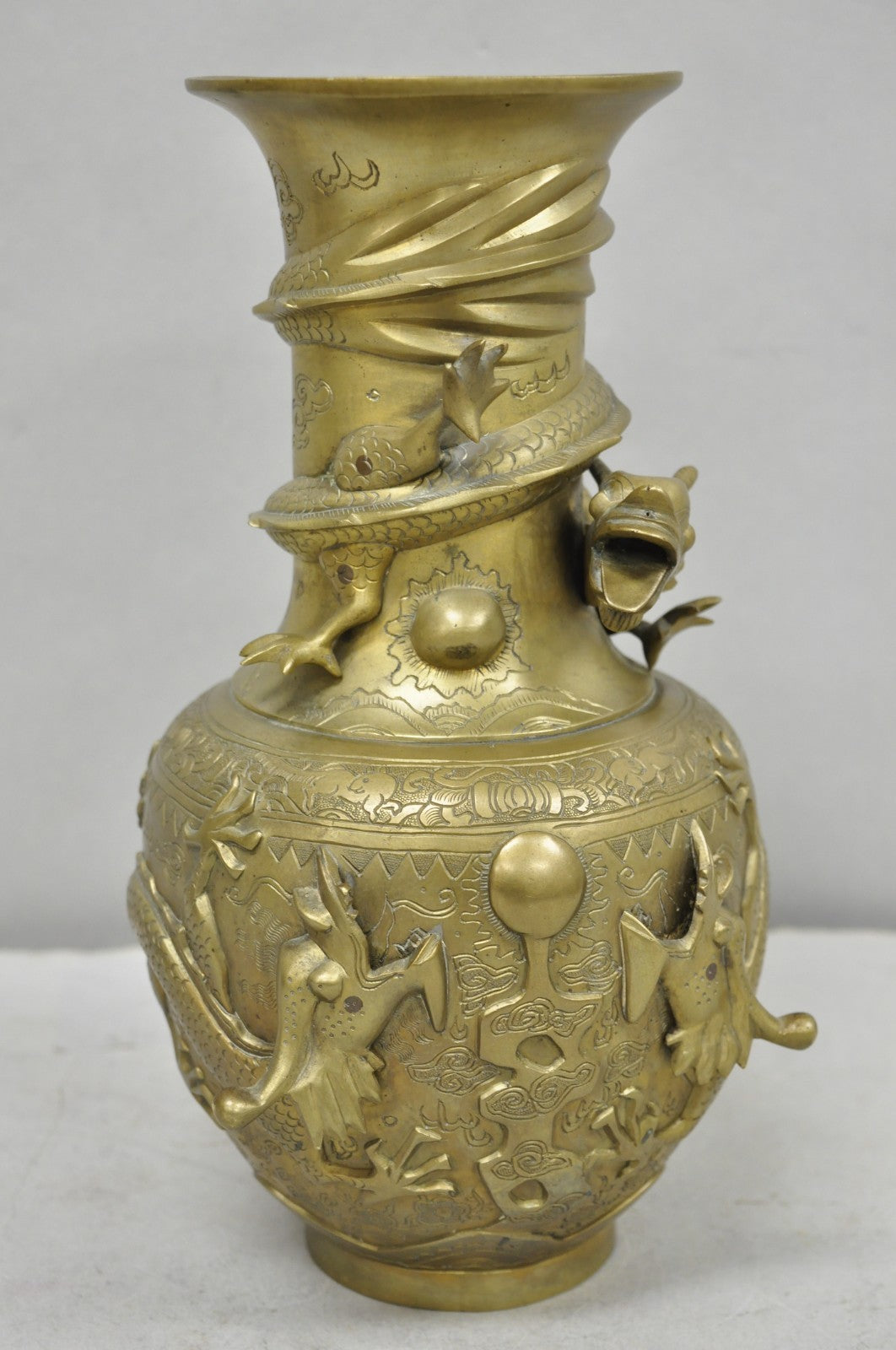 Vintage Japanese Dragon Relief Bronze Chinese 10" Oriental Flower Vase - a Pair