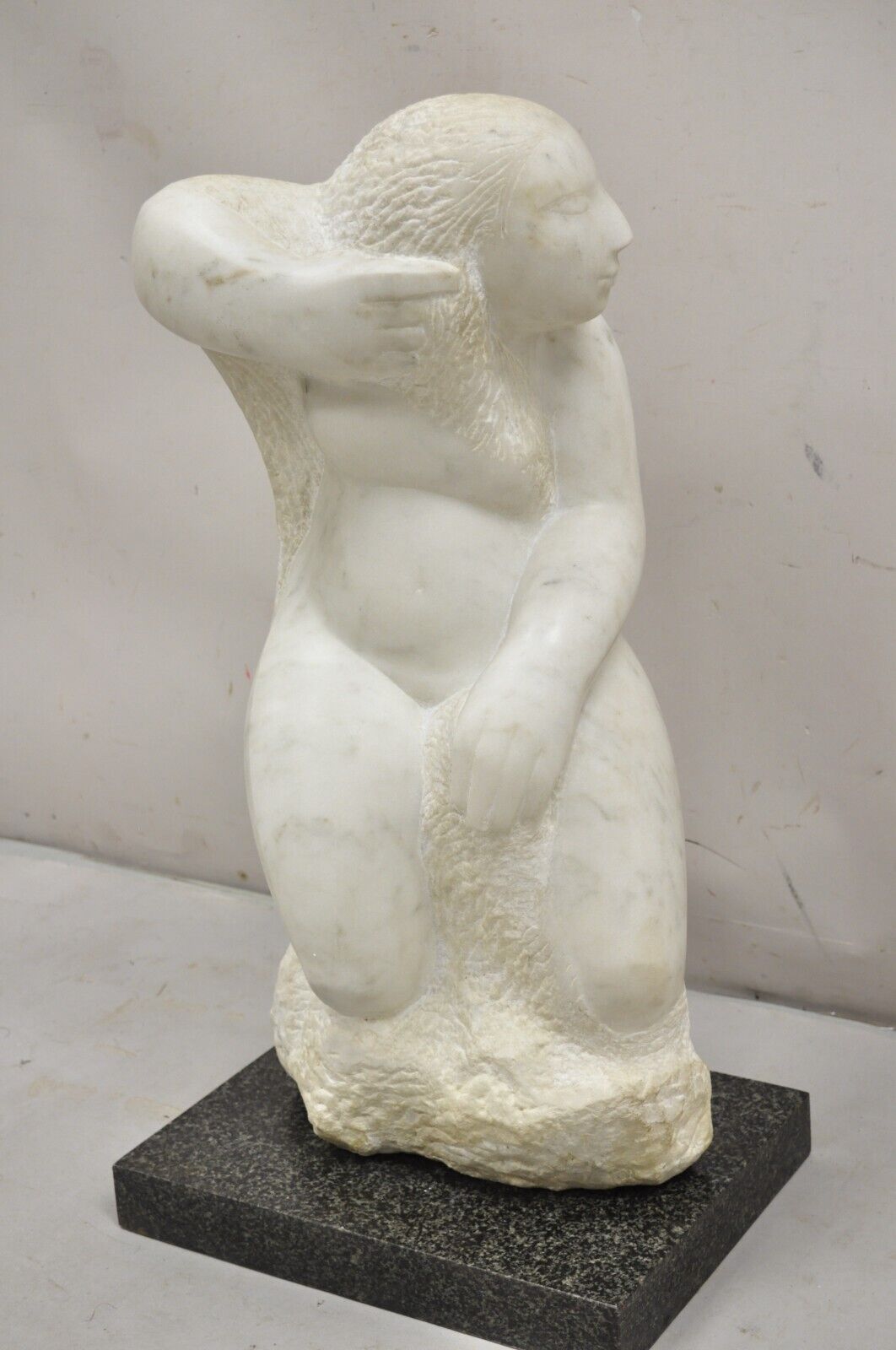 Lorrie Goulet Large Female Nude Carved Marble Abstract Sculpture on Marble Base