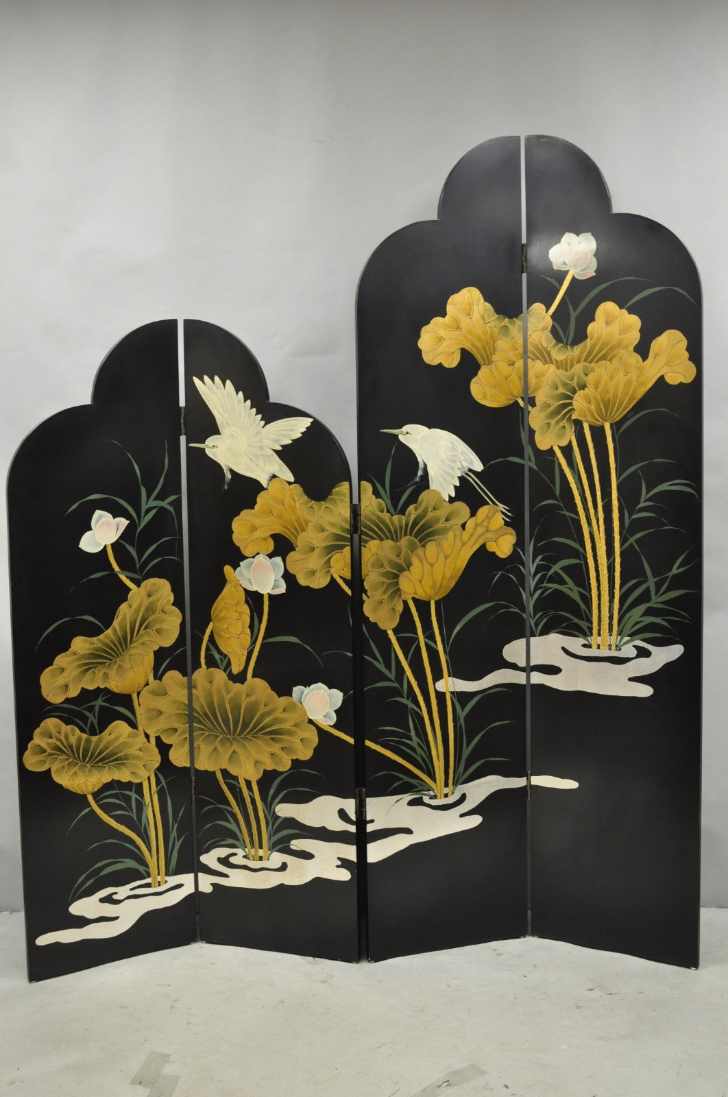 Decorator Chinoiserie Black Lacquer Oriental Painted 4 Panel Room Divider Screen