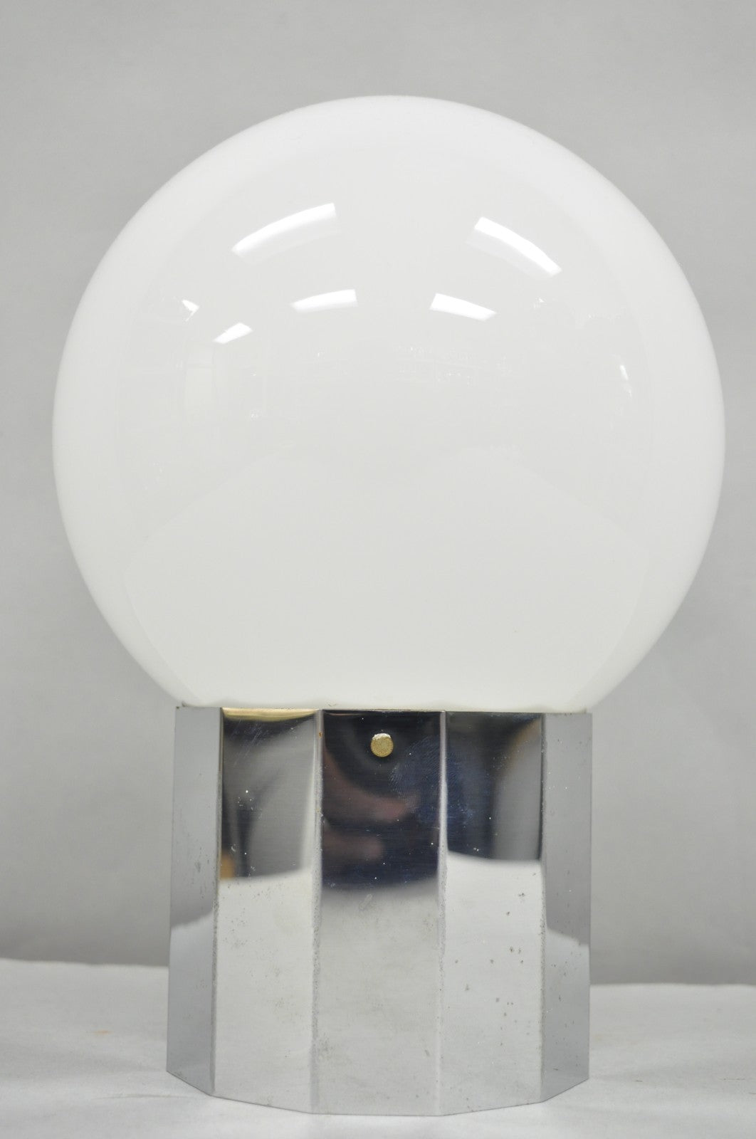 Vintage Mid Century Modern Faceted Chrome Base White Glass Ball Small Table Lamp
