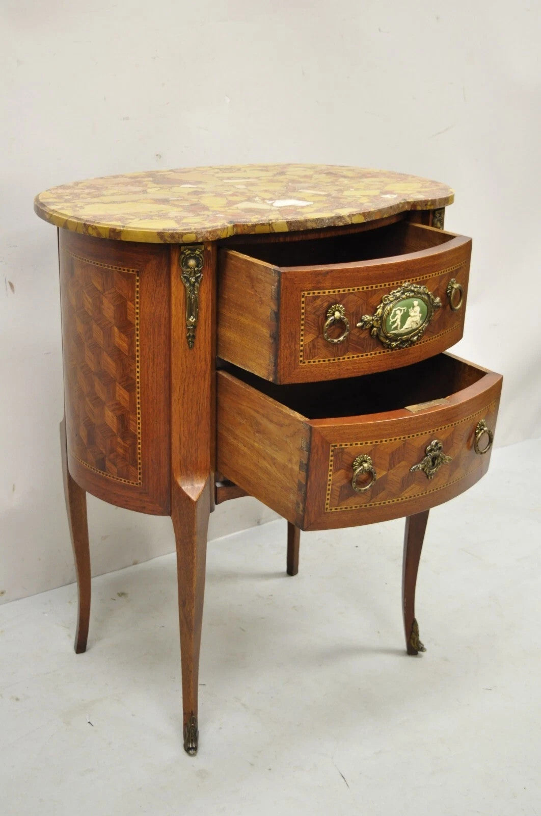 Antique French Louis XV Style Marble Top Bombe Commode Nightstand Side Table