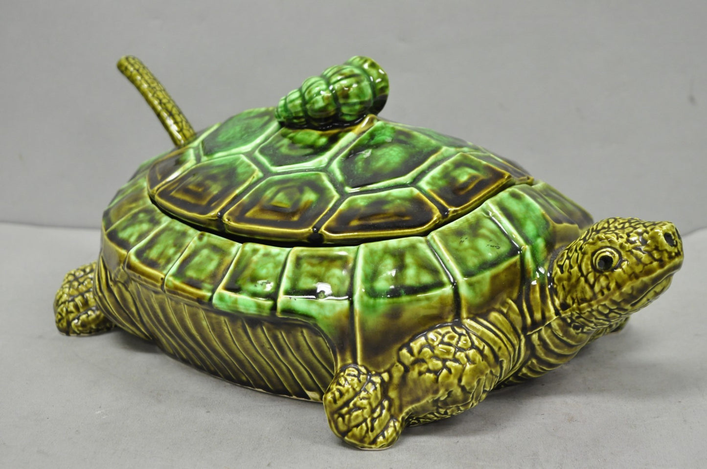 Vintage Tilso Japan Mid Century Modern Green Ceramic Figural Turtle Soup Tureen