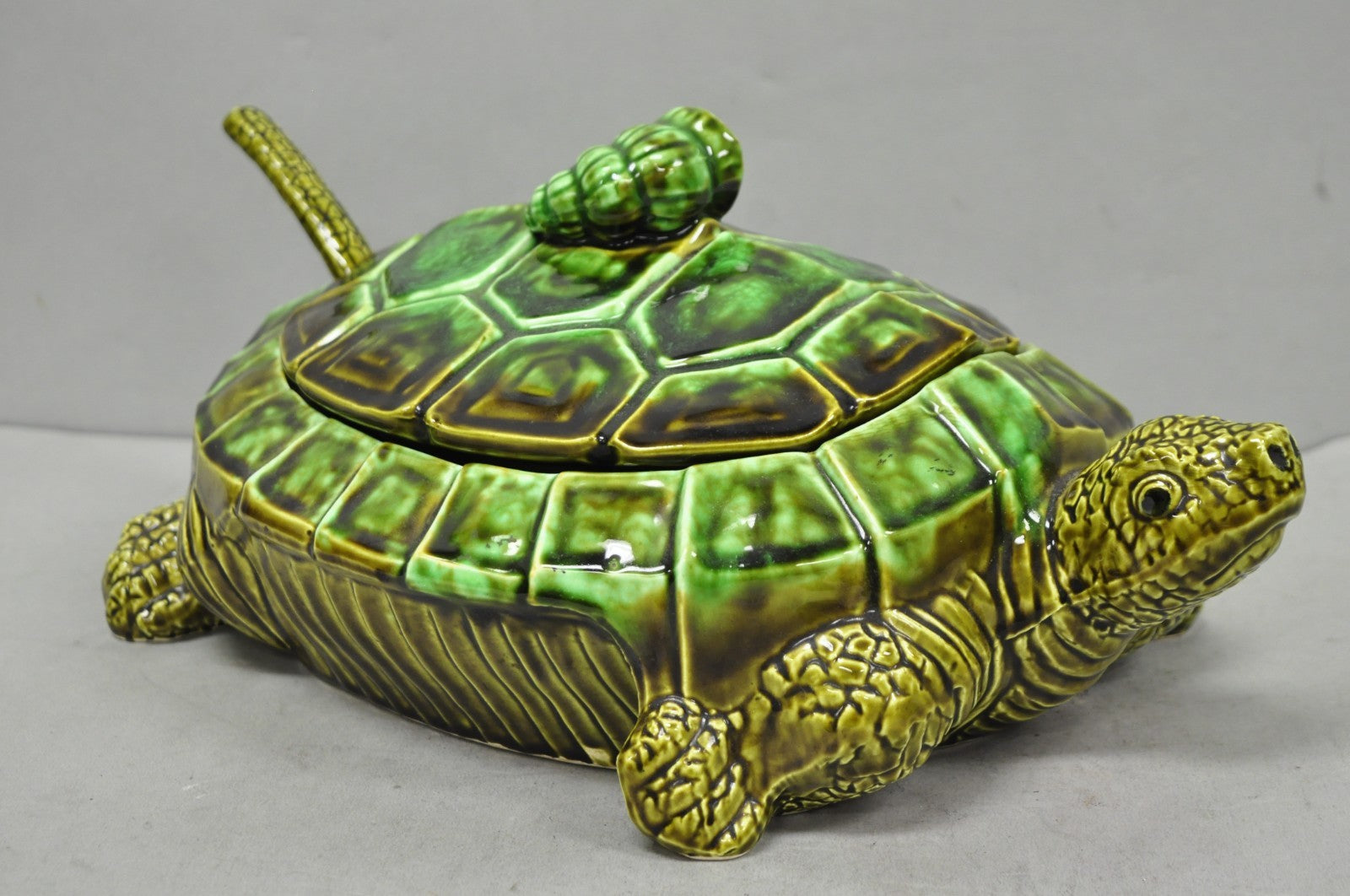 Vintage Tilso Japan Mid Century Modern Green Ceramic Figural Turtle Soup Tureen