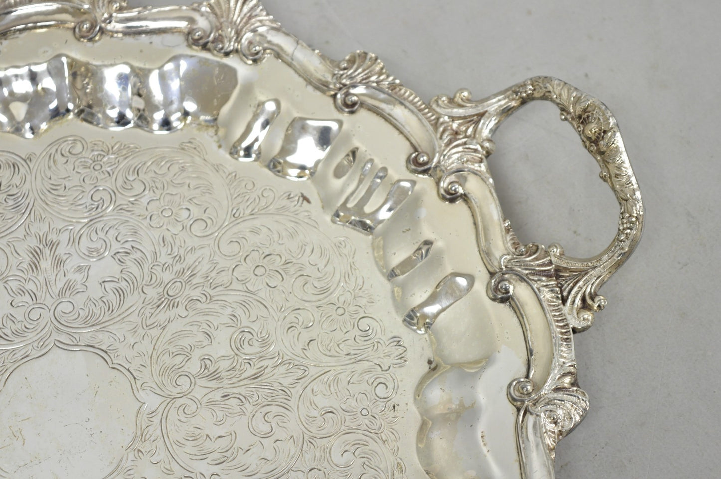 Vintage Victorian Silver Plated Round Scalloped Twin Handle Bar Serving Tray