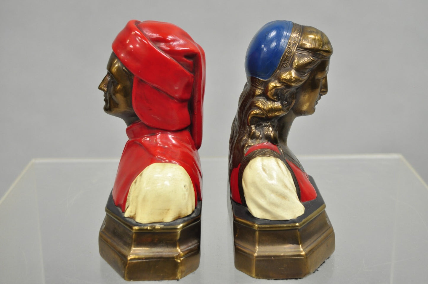 Antique Dante & Beatrice Painted Figural Bronze Bust Bookends - a Pair