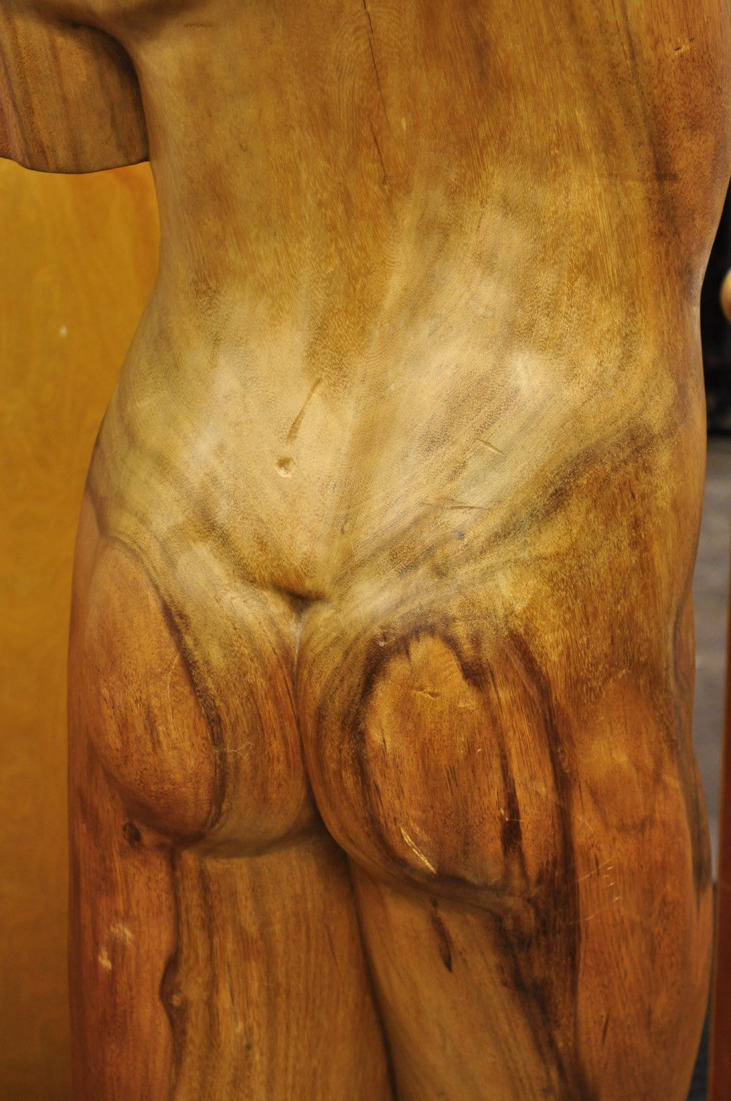 Vintage Mid Century Modern 60" Life-Size Nude Male Carved Wood Statue Sculpture