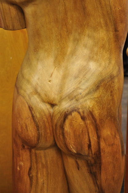 Vintage Mid Century Modern 60" Life-Size Nude Male Carved Wood Statue Sculpture