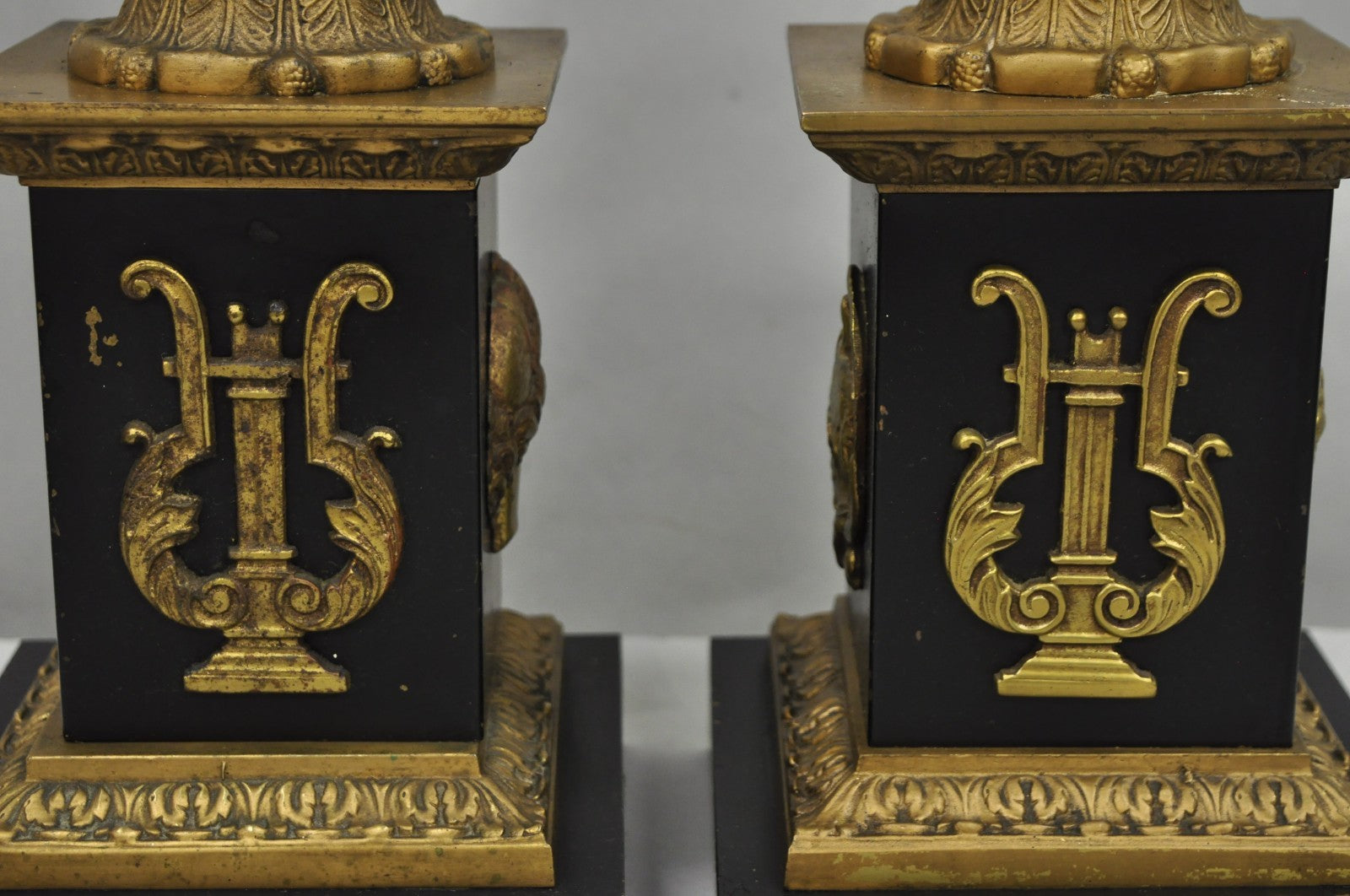 Antique French Empire Style Figural Black & Gold Tall Column Table Lamps - Pair