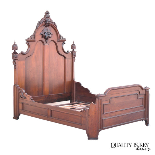 Antique Eastlake Victorian Stately Carved Walnut Highback Full Size Bed Frame