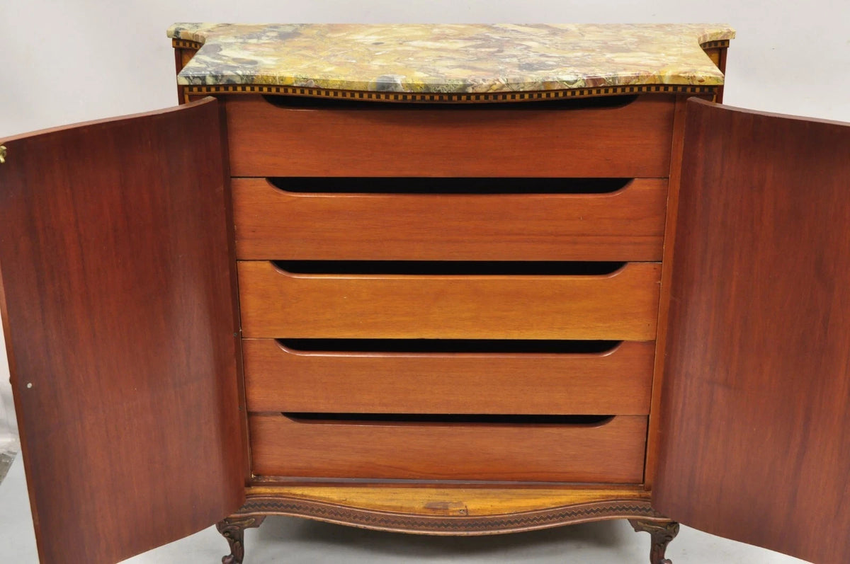 Antique French Louis XV Marble Top Demilune Dresser Commode Cabinet w/ 5 Drawers
