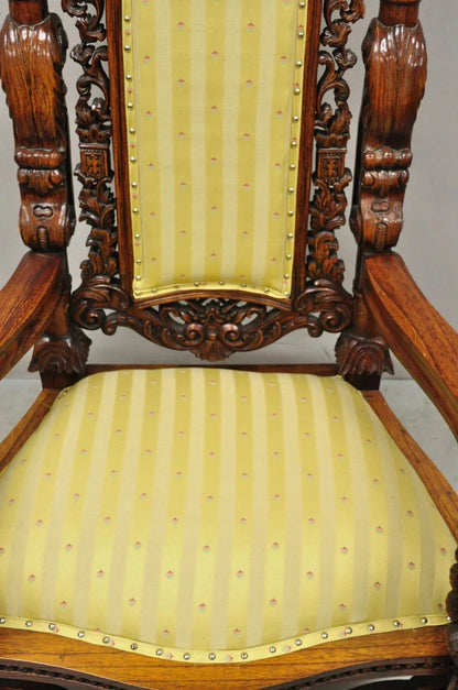 Renaissance Gothic Style Large Figural Lion Carved Wood Paw Feet Throne Chair
