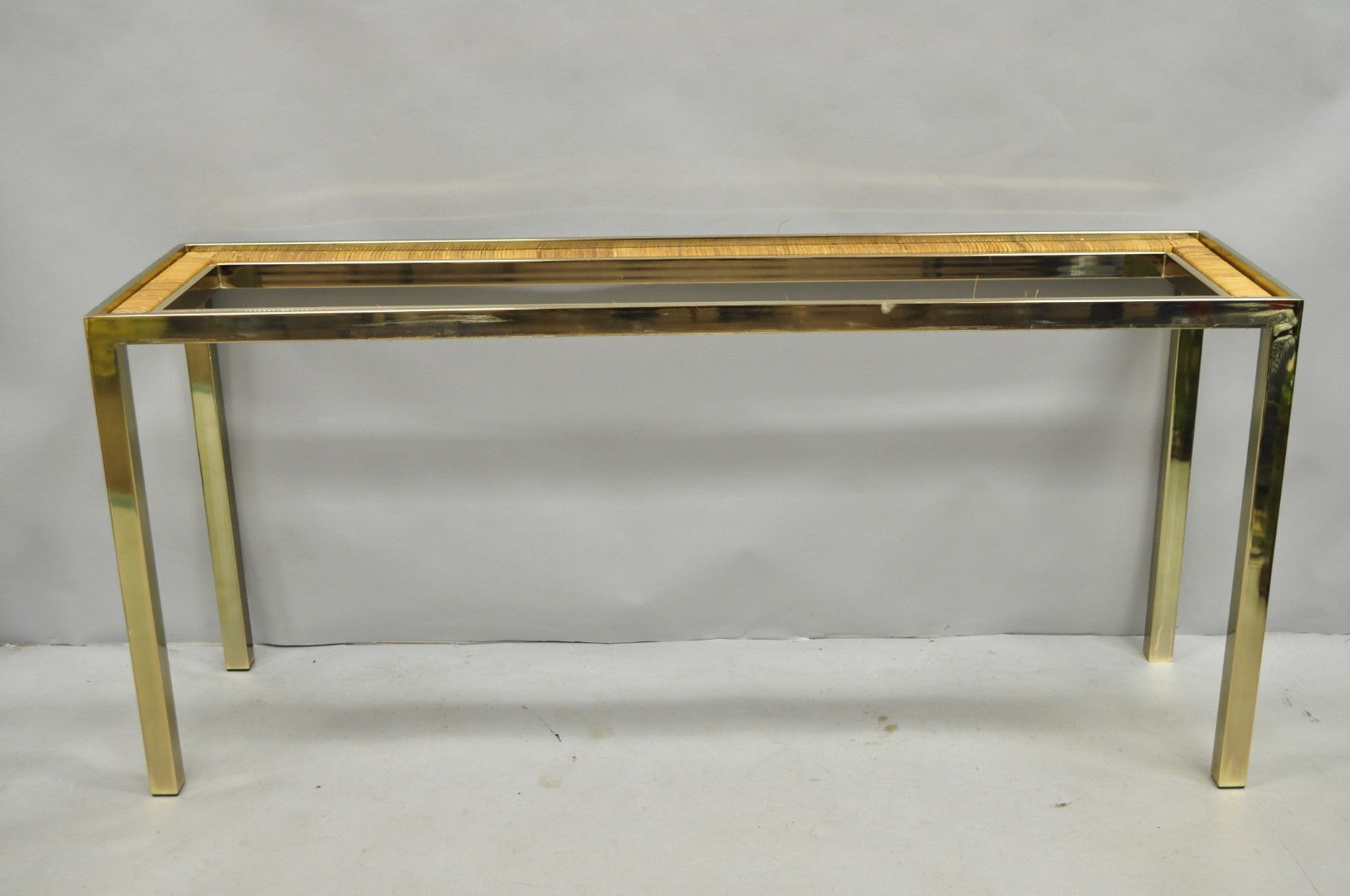 Vintage Mid Century Modern Brass Metal and Rattan Gold Console Hall Table