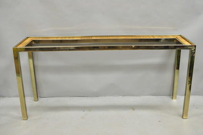 Vintage Mid Century Modern Brass Metal and Rattan Gold Console Hall Table