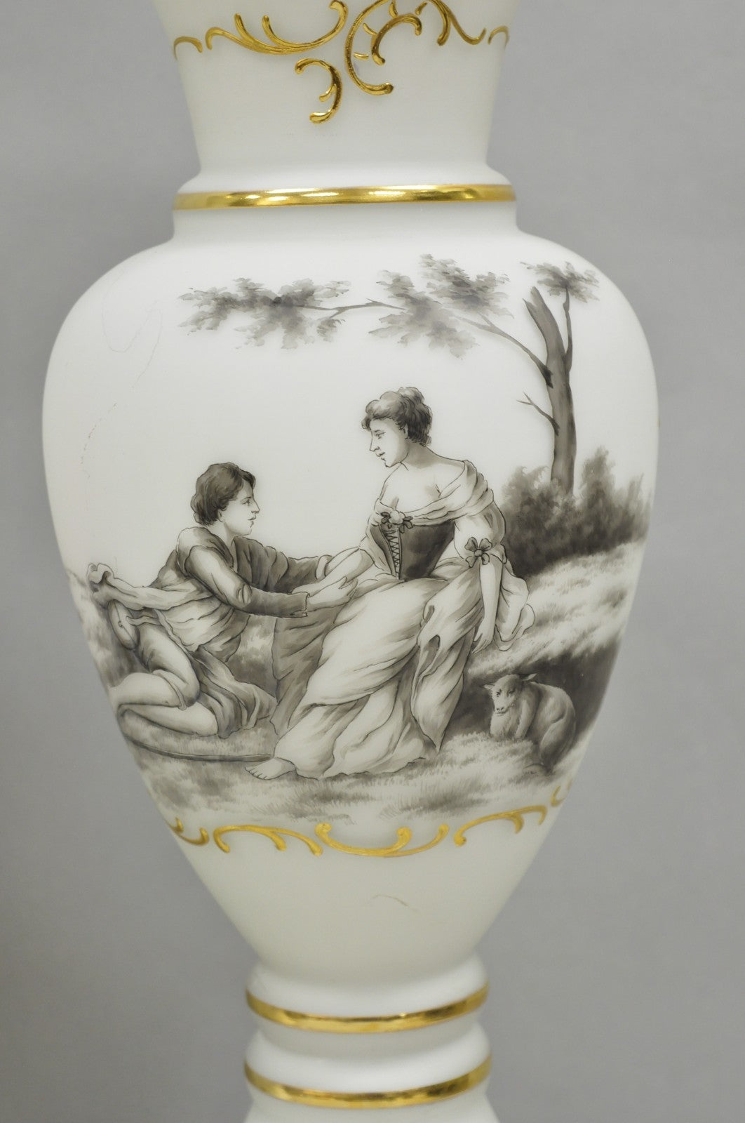 Vintage French Country Renaissance Frosted Glass Urn "Courting" Table Lamp, Pair