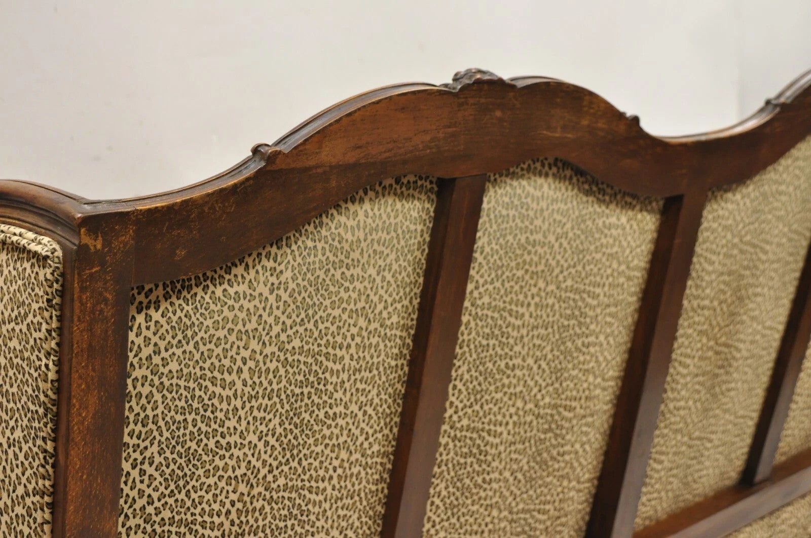 Vintage French Country Louis XV Carved Walnut Cheetah Print Wingback Sofa Settee