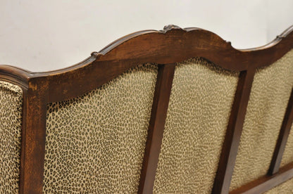 Vintage French Country Louis XV Carved Walnut Cheetah Print Wingback Sofa Settee