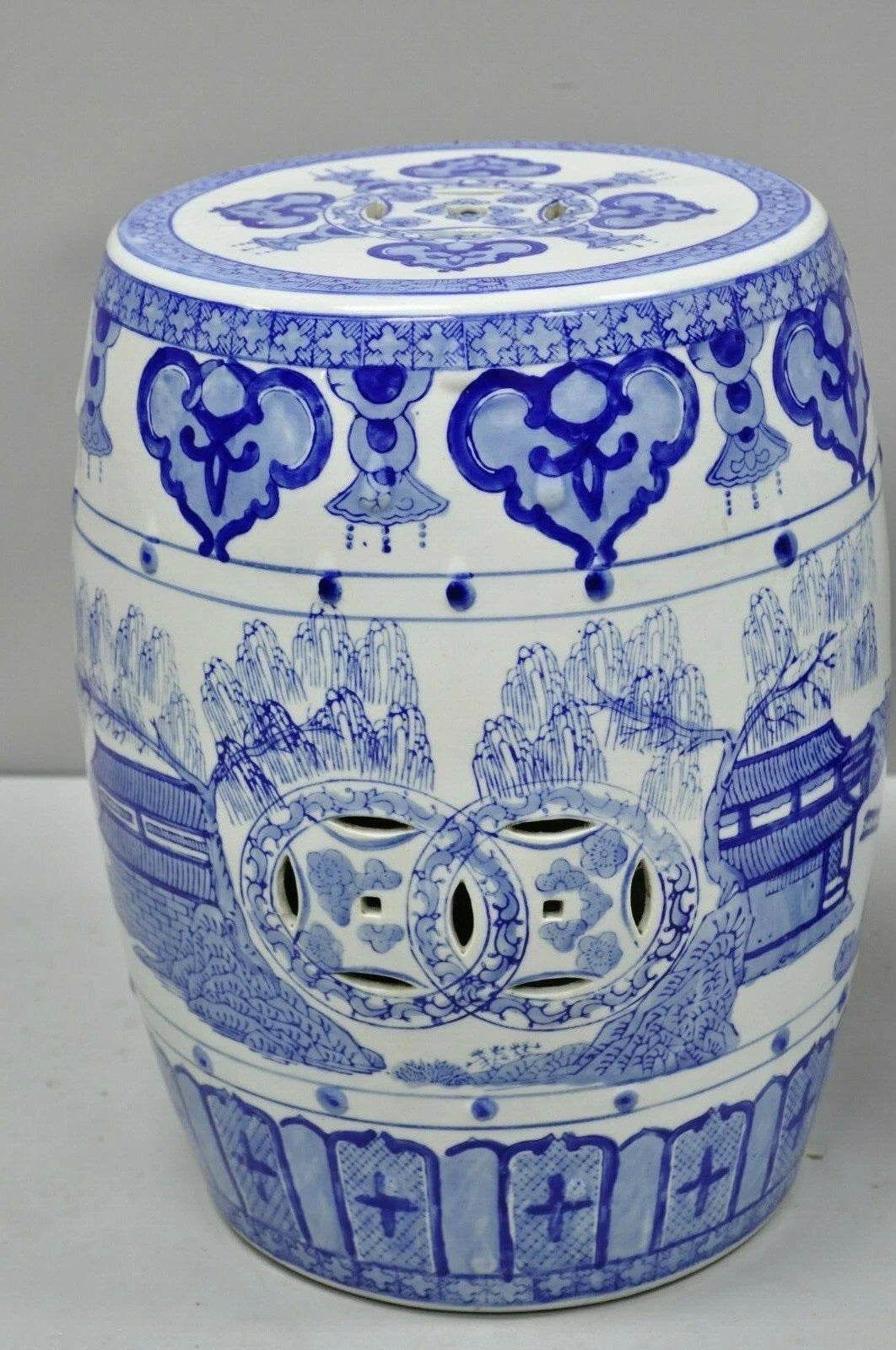 Vintage Chinese Oriental Blue & White Porcelain Garden Drum Seat Table - a Pair