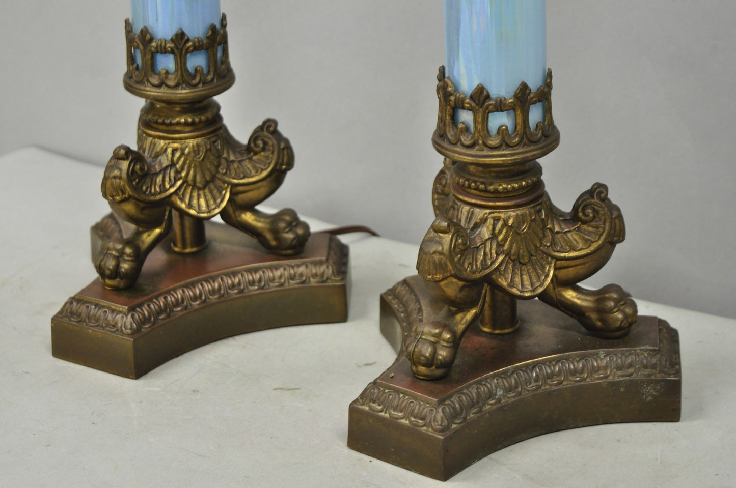 Vintage Italian Neoclassical Empire Iridescent Blue Glass Column Table Lamp Pair