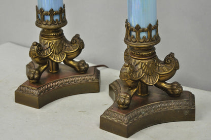 Vintage Italian Neoclassical Empire Iridescent Blue Glass Column Table Lamp Pair
