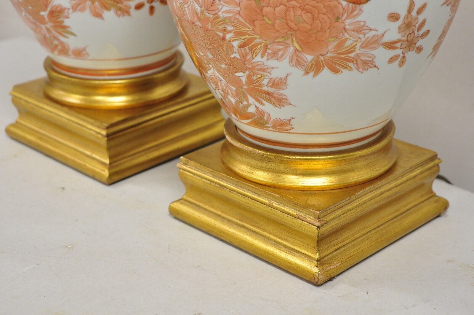 Vintage Marbro Chinoiserie Porcelain Vase Orange Floral Asian Table Lamp Pair