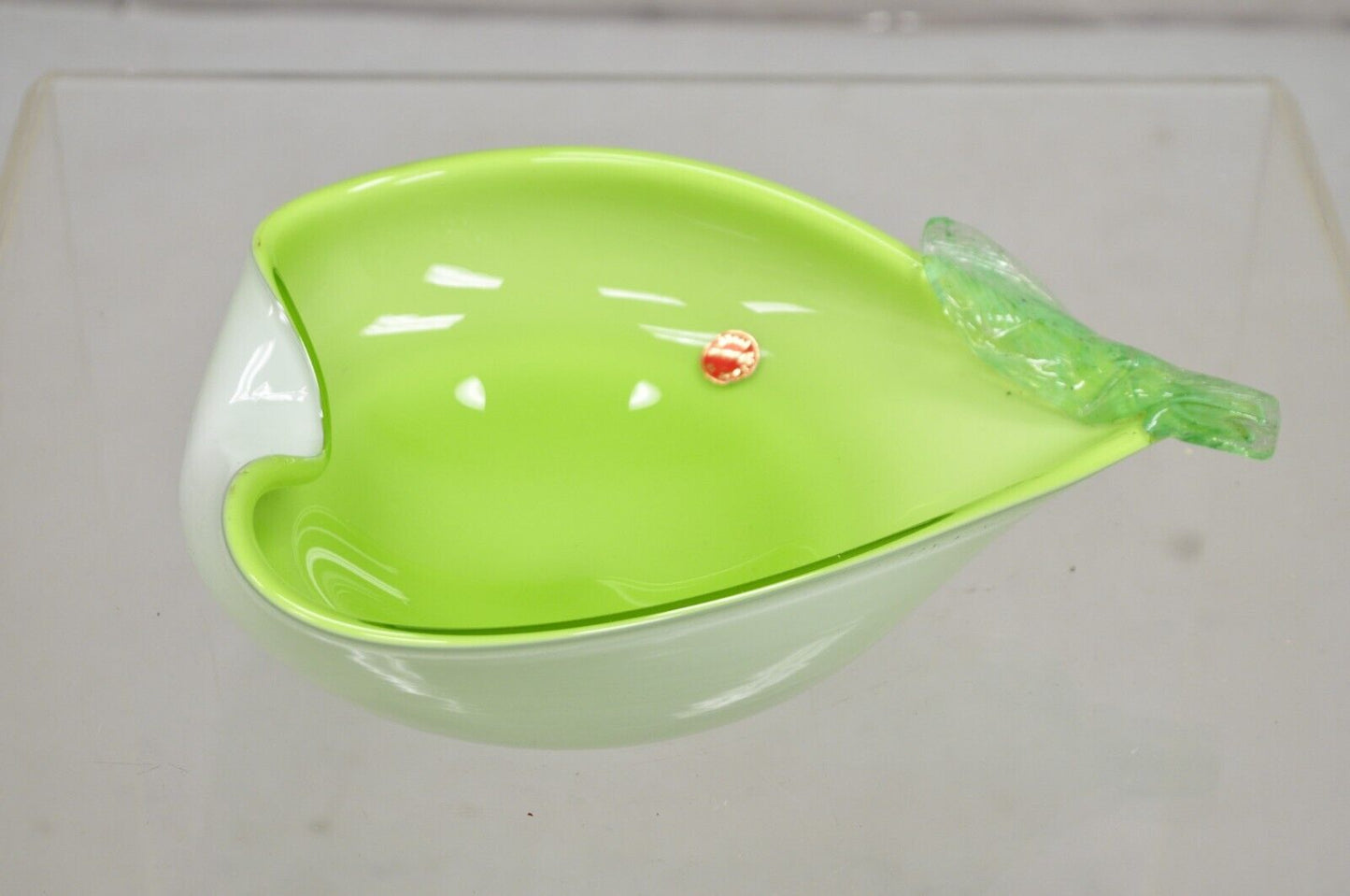 Italian Barbini Murano Art Glass Pear Shaped Green & White Bowl Trinket Dish