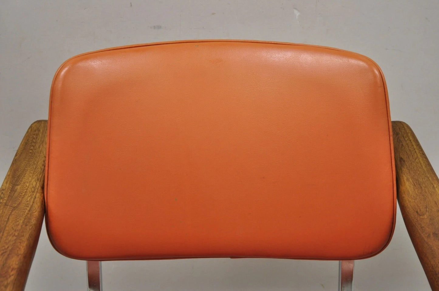 Vintage Mid Century Modern Orange Chrome Frame Sloped Wood Arm Side Desk Chair