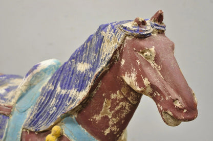 Chinese Polychrome Wooden Carved Wood 29" Tang Horse Sculpture Statue Red Figure