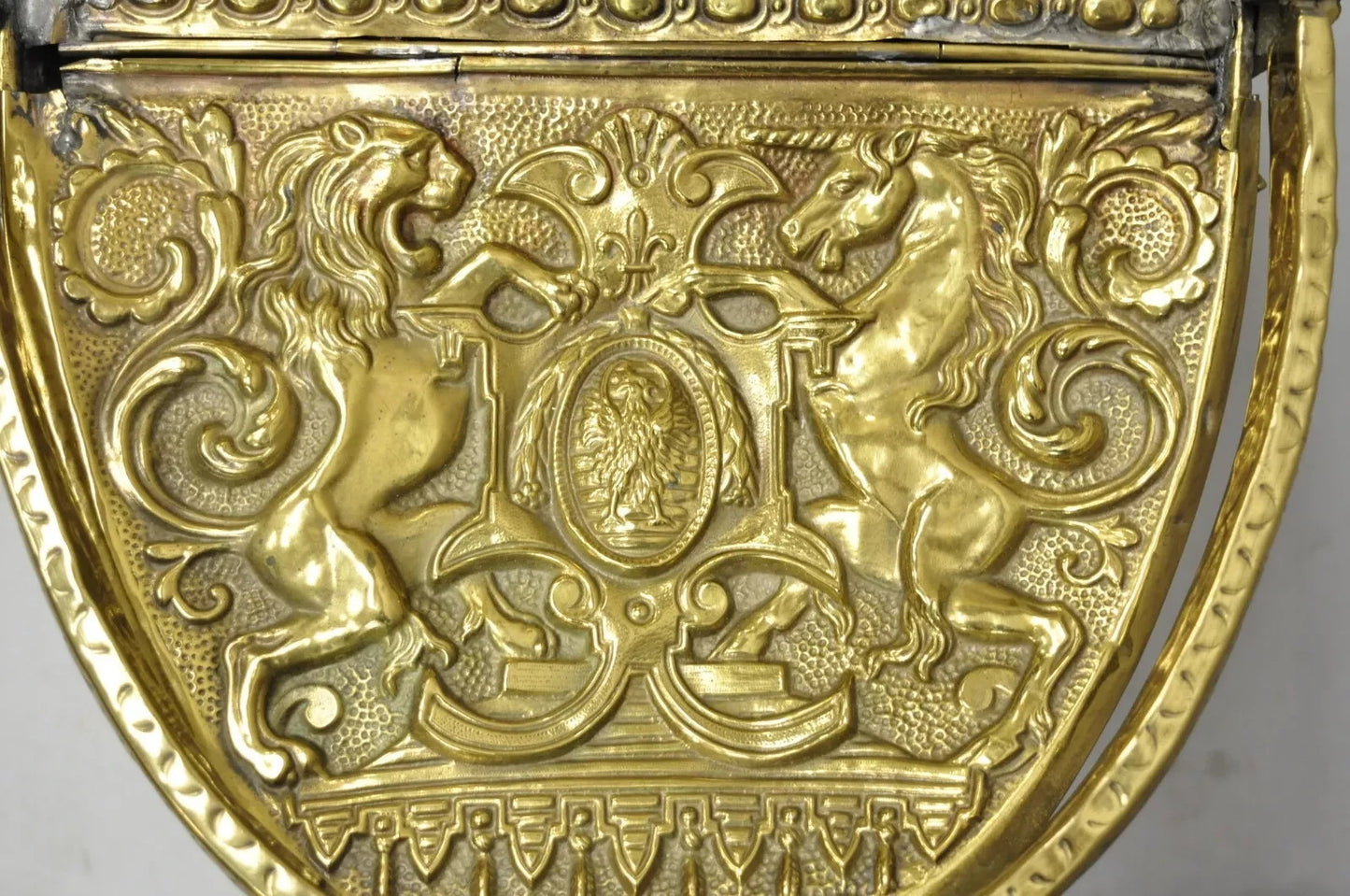 Antique English Renaissance Unicorn & Lion Brass Figural Coal Bucket Log Bin