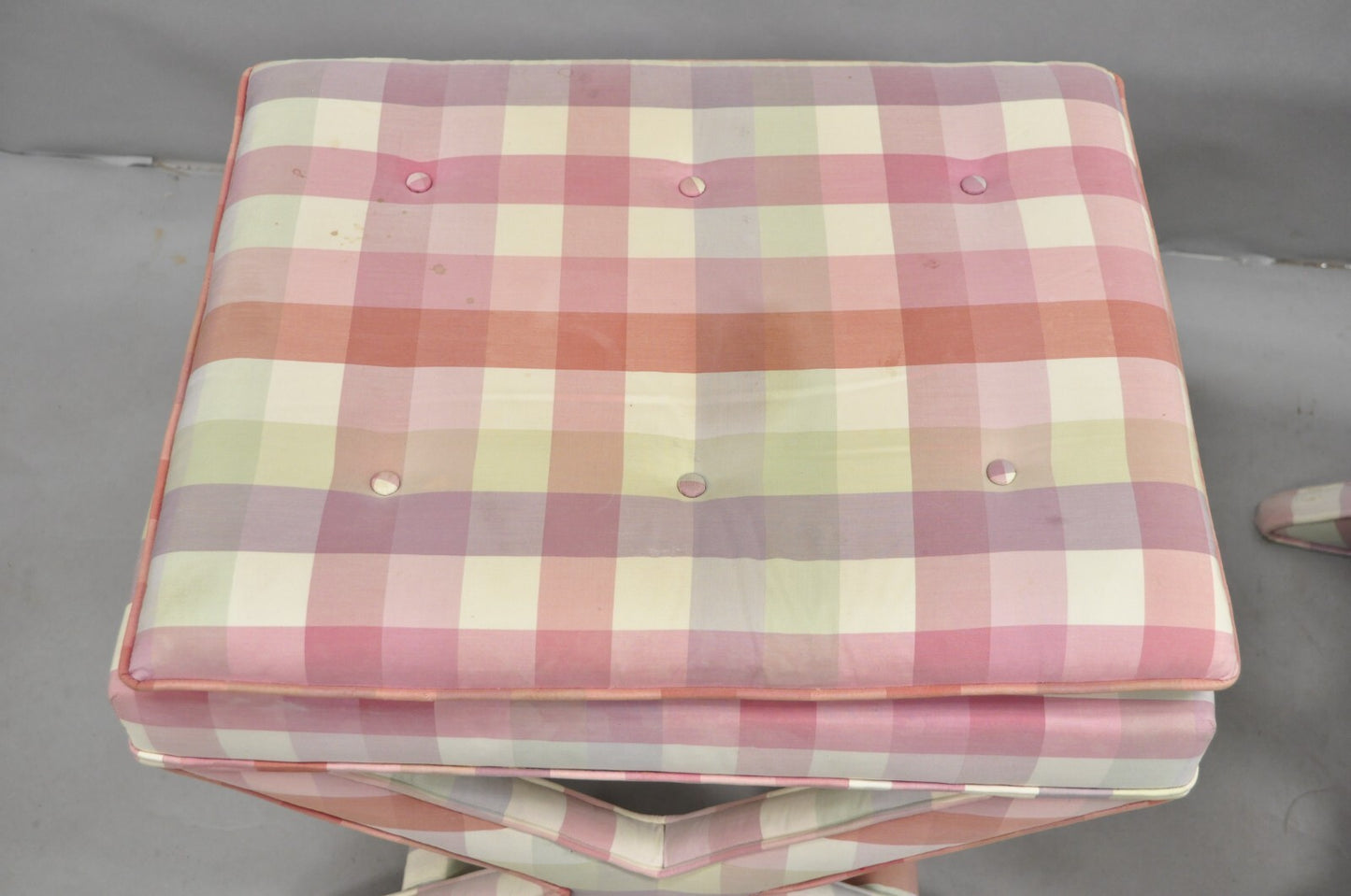 Vintage French Country Pink Plaid Hollywood Regency X-Stool Curule Bench Pair