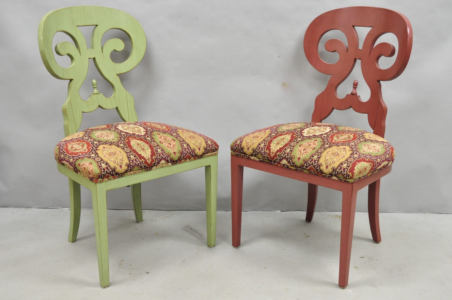 Contemporary Regency Style Red Green Yellow Scroll Back Dining Chairs - Set of 8