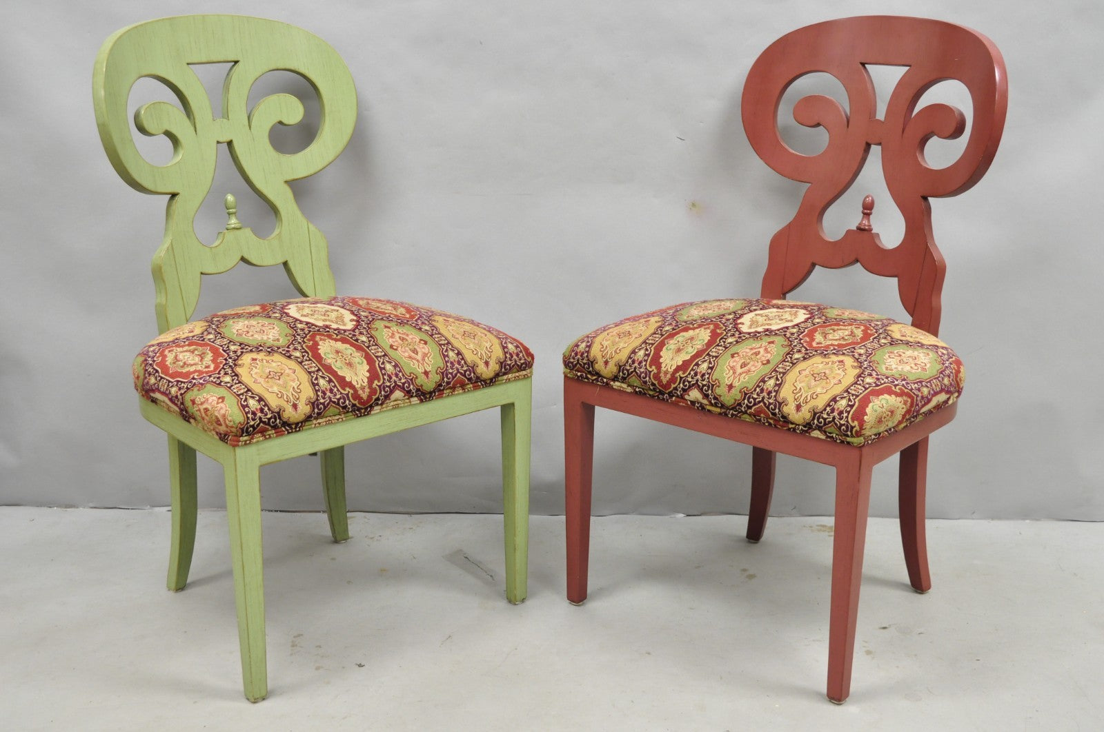 Contemporary Regency Style Red Green Yellow Scroll Back Dining Chairs - Set of 8