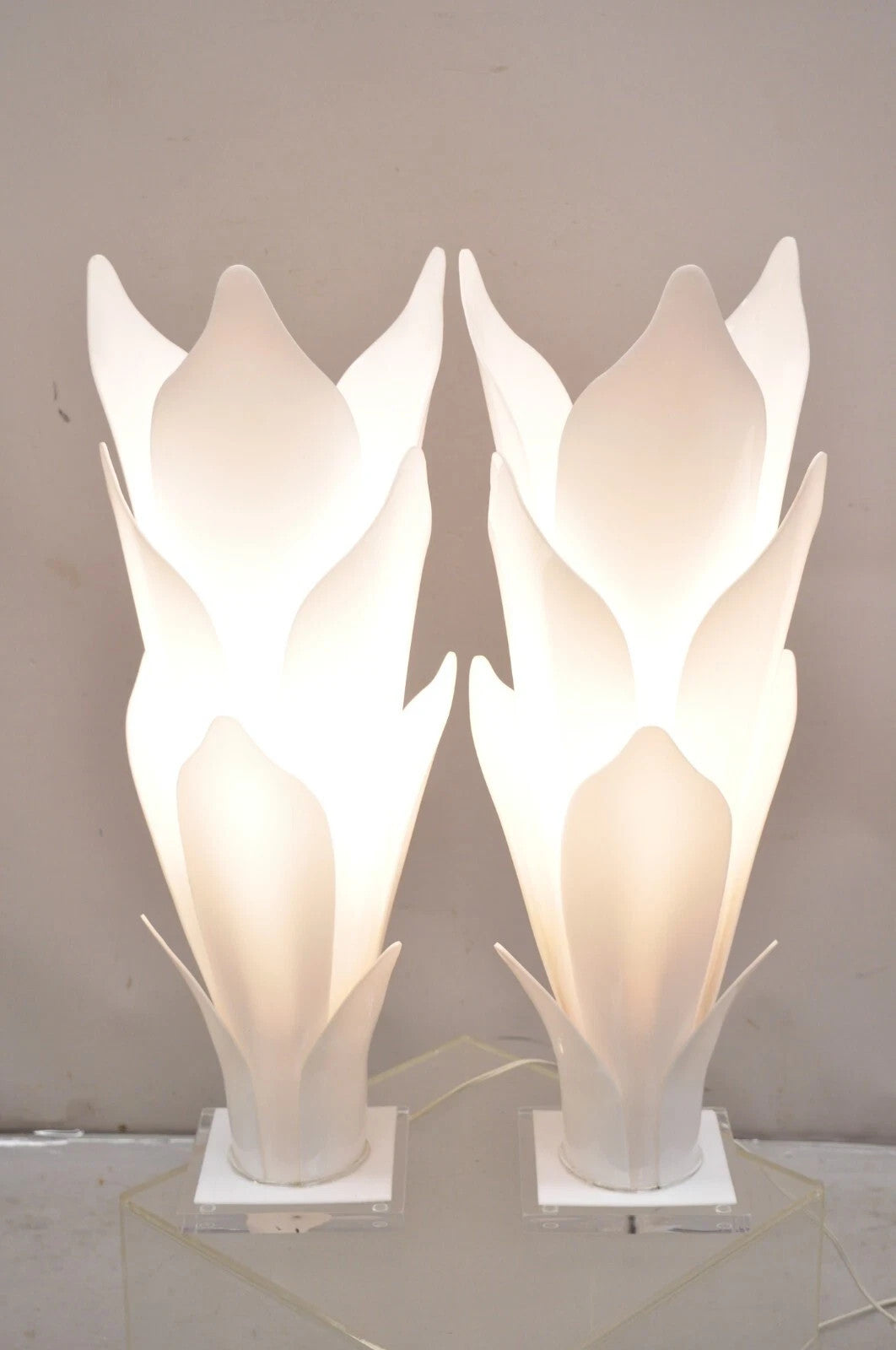 Rougier White Acrylic Lucite Tulip Flower Leaf Mid Century Table Lamps - a Pair