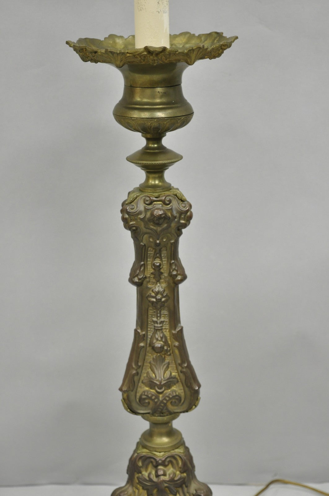 Antique French Renaissance Figural Brass Repousse Tall Candlestick Table Lamp