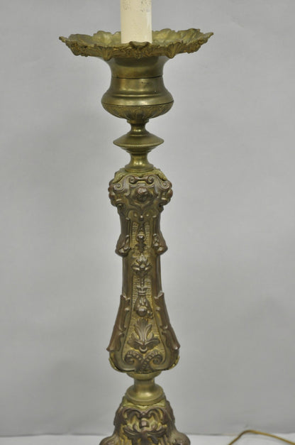 Antique French Renaissance Figural Brass Repousse Tall Candlestick Table Lamp