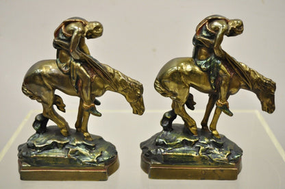 Vintage Bronze Clad 8" End of Trail Indian on Horse Figure Bookends - a Pair