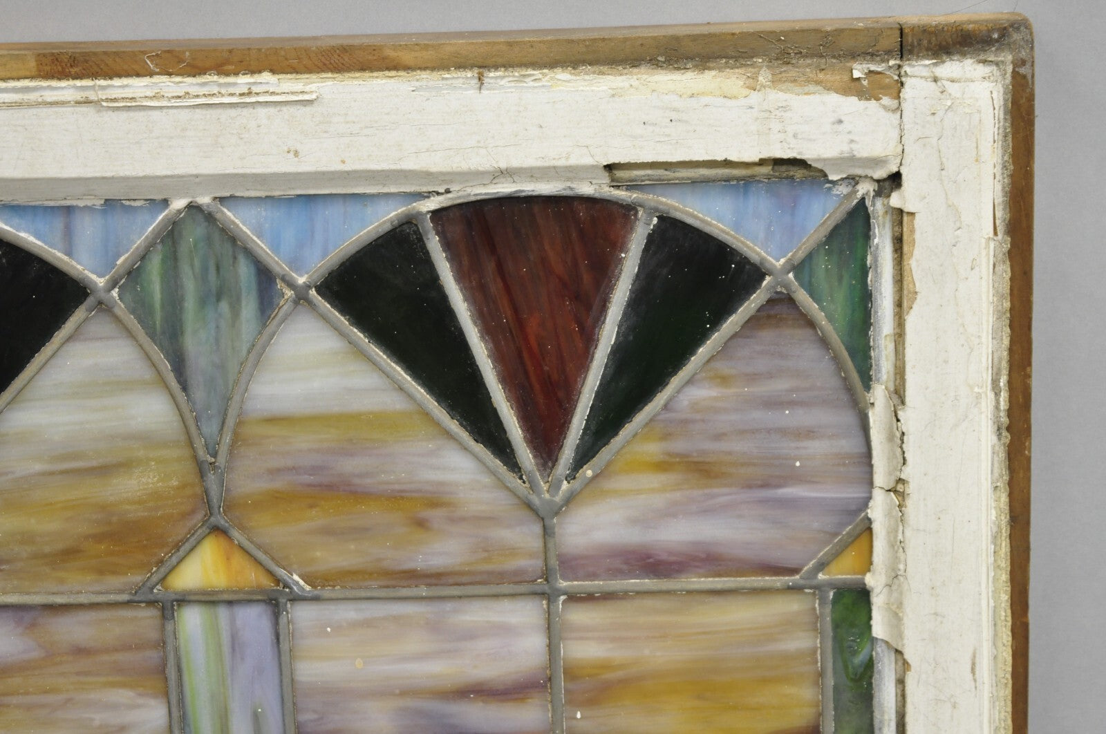 Antique Victorian Stained Leaded Glass Blue Green 24x48 "Fan" Window Transom