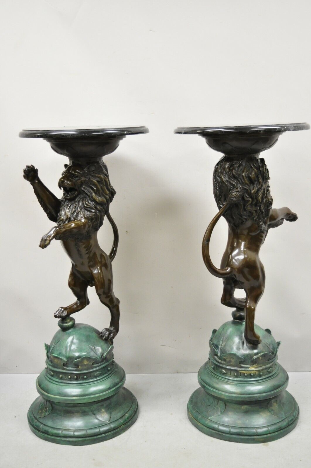 Cast Bronze Figural Lion Sculpture Marble Top Pedestals after P.J Mene - a Pair