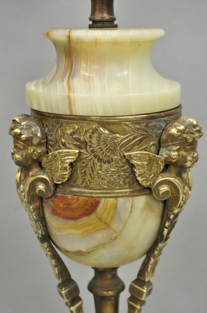 Antique French Neoclassical Louis XV Onyx Urn Figural Bronze Cherub Table Lamp