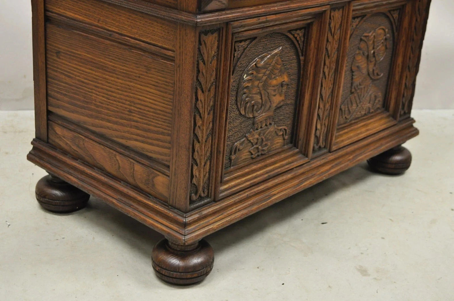 Antique Jacobean Oak Wood Figural Bust Carved Blanket Chest Trunk on Bun Feet