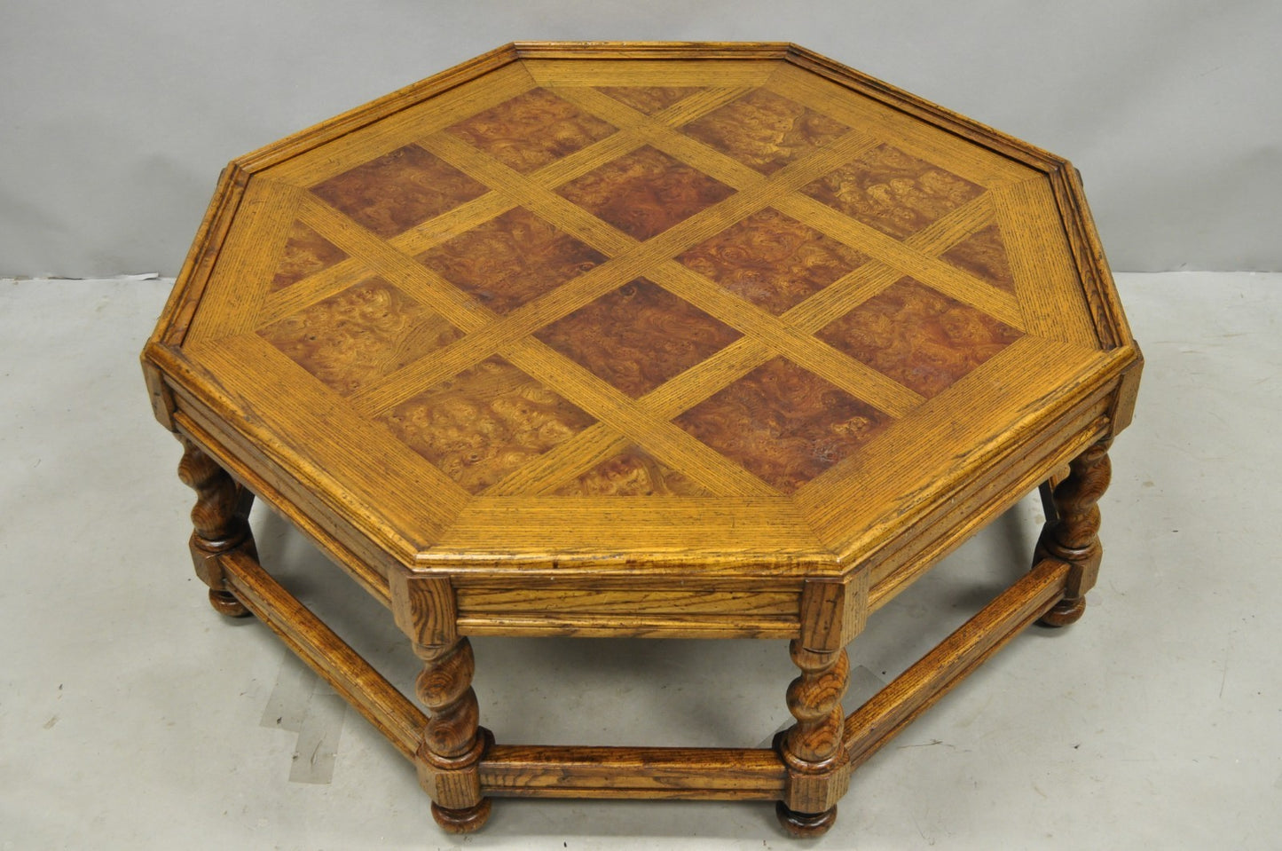 Vintage Baker Barley Twist Oak & Burlwood Parquetry Octagonal Coffee Table