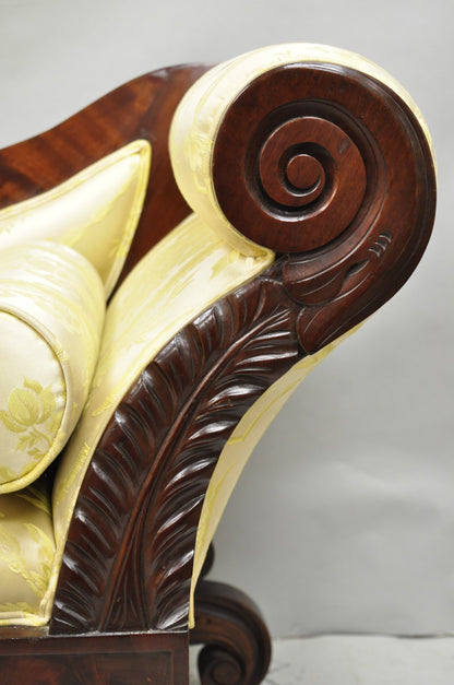 Antique American Empire Neoclassical Carved Mahogany Sofa with Gold Fabric