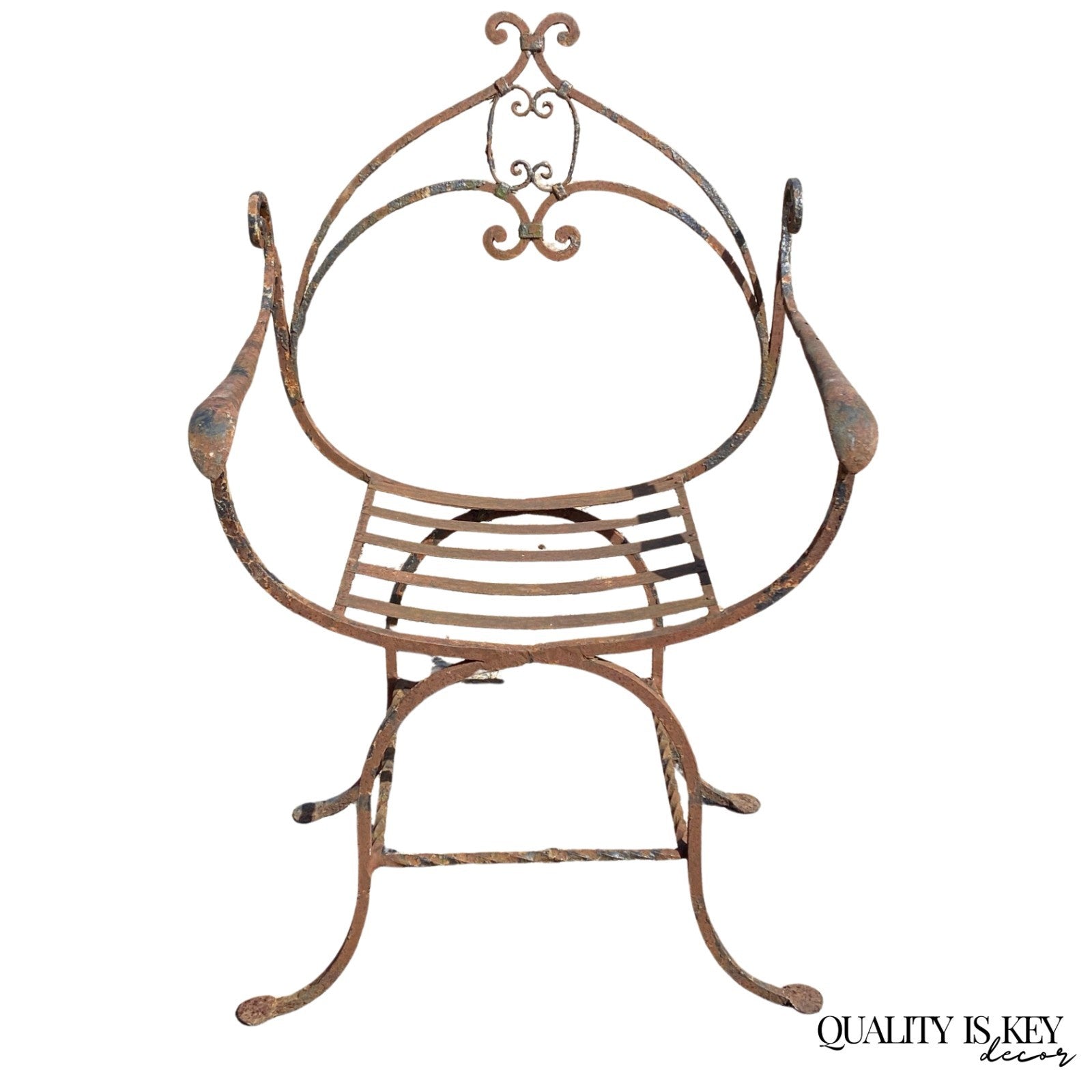 Antique Spanish Renaissance Wrought Iron Curule Savonarola Throne Arm Chair
